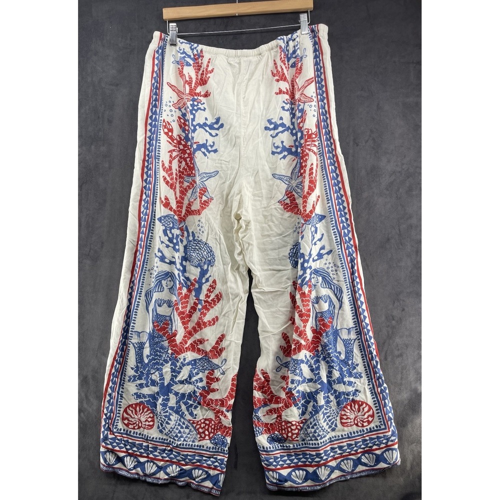 Next Linen Blend Mermaid Coral Print Wide Leg Beach Pants Women US 16R XL - Picture 2 of 6